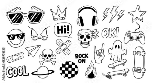 Cool doodle icons and stickers set, representing youth culture, music, gaming, skateboarding, and pop art elements in black and white hand-drawn style.