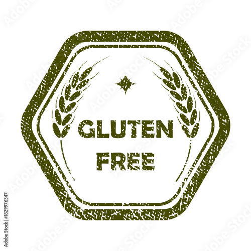 Vintage grunge gluten-free badge in rustic olive green with distressed texture, wheat-free emblem, organic food label design for healthy products, natural packaging, eco branding