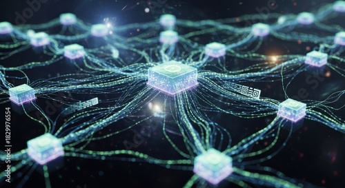 Abstract network of glowing interconnected nodes representing artificial intelligence and data processing.