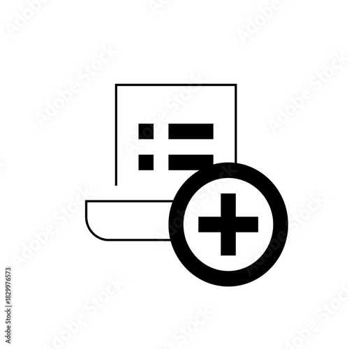 Icon depicting a document with list items and a plus sign within a circle overlaying it neatly drawn