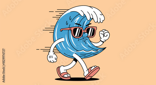 Cool cartoon ocean wave character with pink sunglasses and flip-flops walking briskly, a dynamic illustration representing summer, speed, and energetic movement.