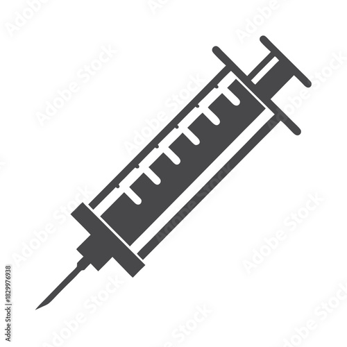 Simple gray injection syringe icon displays medical health treatment against a plain background