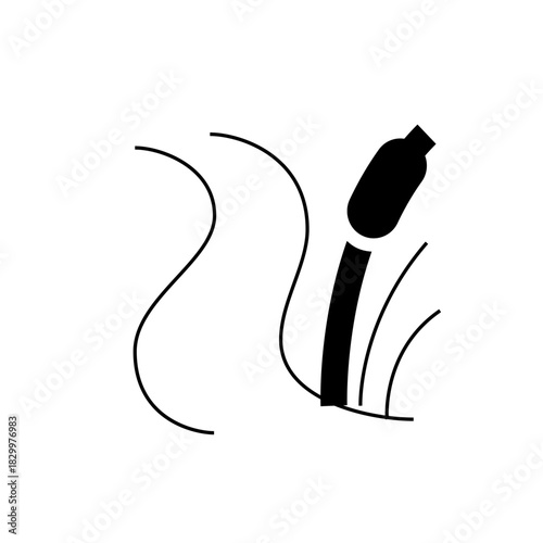 Illustration of a black cattail plant with a cylindrical head and flowing water lines beside it