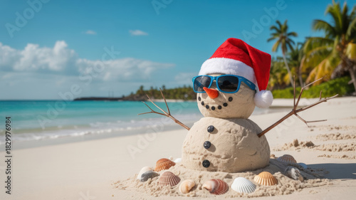 Sand snowman wearing santa hat and sunglasses on tropical beach