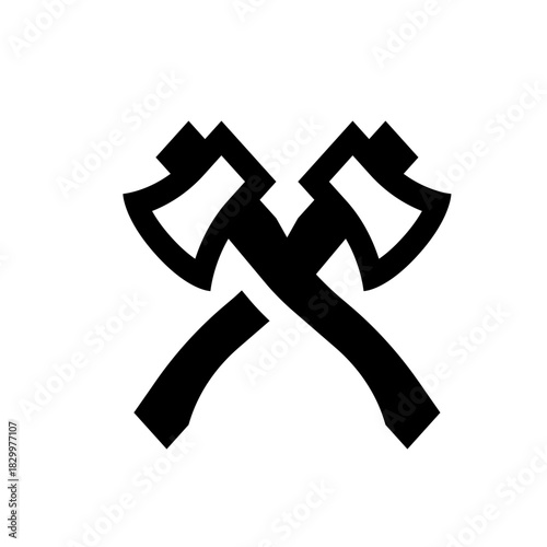 Two crossed axes in black silhouette, a symbol of lumberjacks or woodworking, isolated on white background