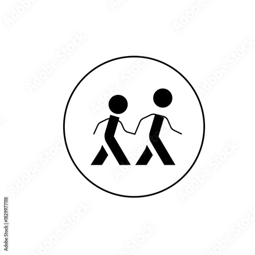 Two stick figures holding hands walking inside a circle with black lines on a white background