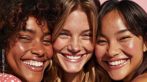 Three smiling women pose closely together. One has curly dark hair, one has straight blonde hair, and the last has straight black hair. They radiate joy and friendship.