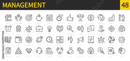 Management icon set. Business, teamwork, money, profit, development, brainstorming, communication, strategy, team, growth, manager, meeting, capital, savings,etc. Vector illustration. Editable stroke.