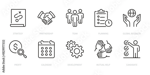 Management line icon set. Strategy, partnership, team, planning, global business, profit, calendar, development, mutual help, candidate, etc. Vector illustration. Editable stroke. Flat design.