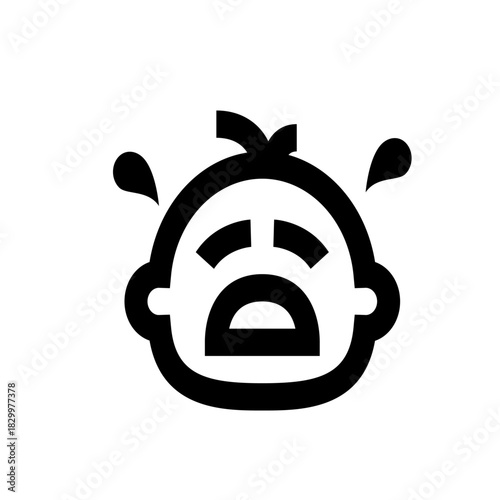 Illustration of a crying baby with tears, a wide open mouth, and closed eyes in a minimalist style