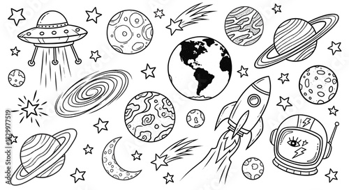 Hand-drawn outer space elements: planets, rocket, ufo, astronaut helmet, stars, moon, galaxy in charming outline doodle style, perfect for kids.