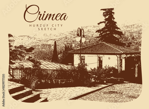 City ancient architecture, Crimea, Hurzuf. Vintage brown and beige graphics, engraved, vector. Old retro design.