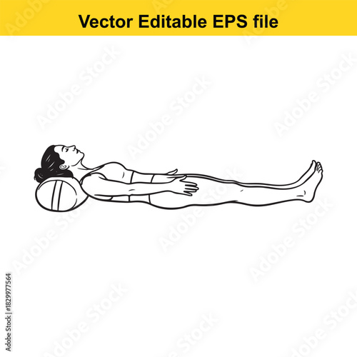 Line art illustration of a woman performing savasana or corpse pose yoga exercise with a bolster under her head, isolated on white background