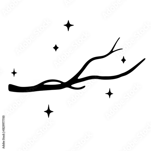 Illustration of a bare branch silhouette surrounded by twinkling stars against a white background space