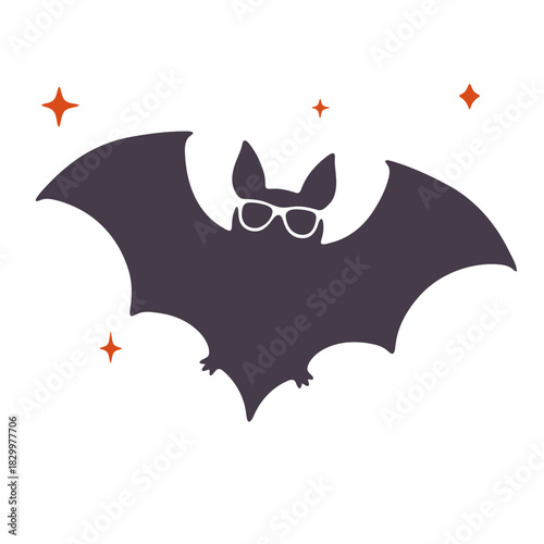 A stylized bat silhouette wearing sunglasses surrounded by small orange star shapes on a white background