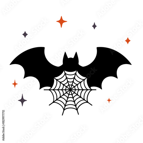A silhouette of a bat with a spiderweb on its body surrounded by small stars for halloween night