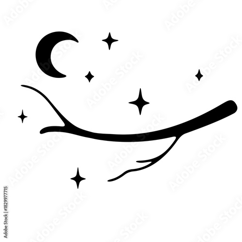 Silhouette of a branch with a crescent moon and stars creating a night sky illustration