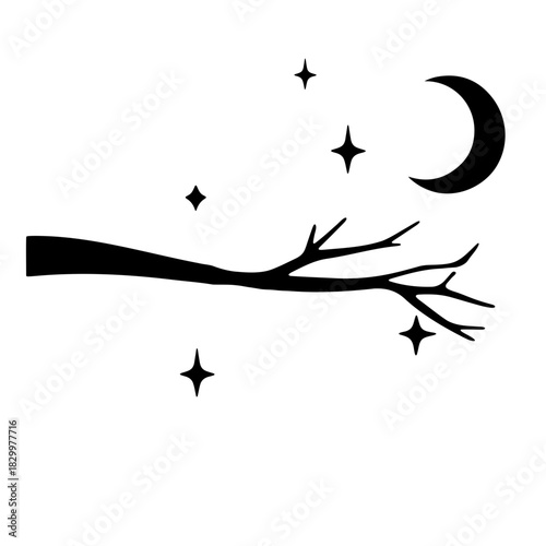 Silhouette of a branch with stars and a crescent moon in a night sky illustration design vector art