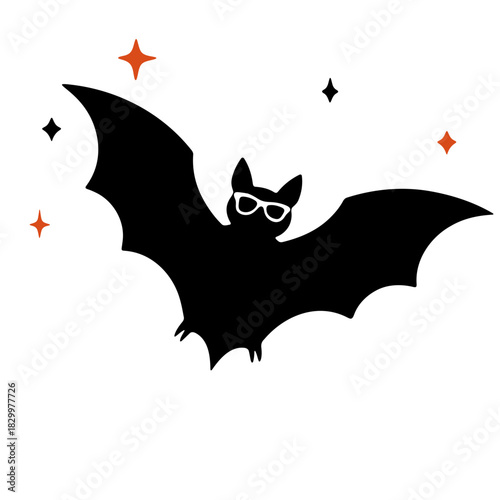 Silhouette of a bat wearing glasses with orange and black stars floating around on white background