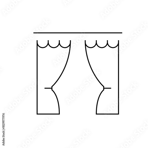 Simple black and white line art icon depicting elegant drawn stage curtains opening to reveal an unseen performance or presentation space