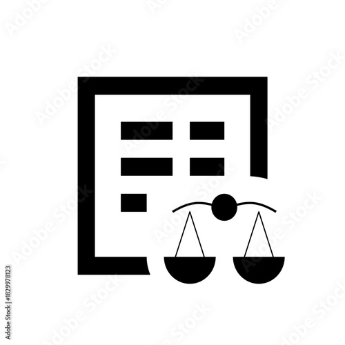 Simple black and white icon representing legal document review and balance of justice in a minimalist design
