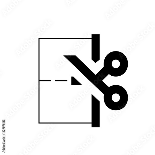Simple black and white icon representing cutting along a perforated line with scissors for crafting or document separation