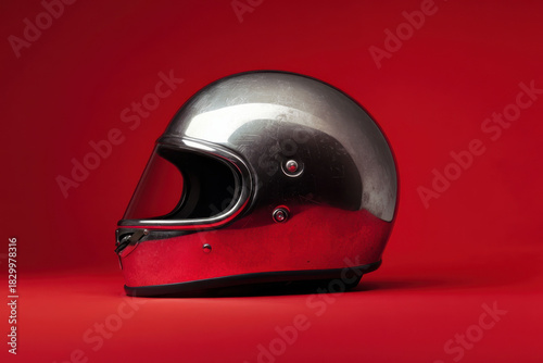 Studio shot of a worn black motorcycle helmet on a red backdrop, emphasizing safety and style