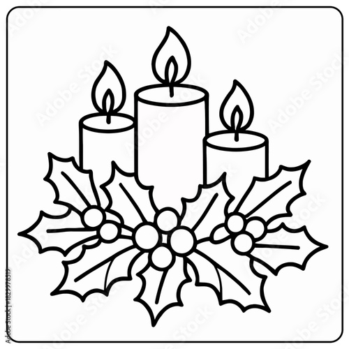 A black and white line art image of three candles decorated with holly leaves and berries for coloring