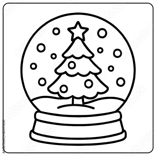 A simple line drawing of a christmas tree inside a snow globe with snow and a stand in a square frame