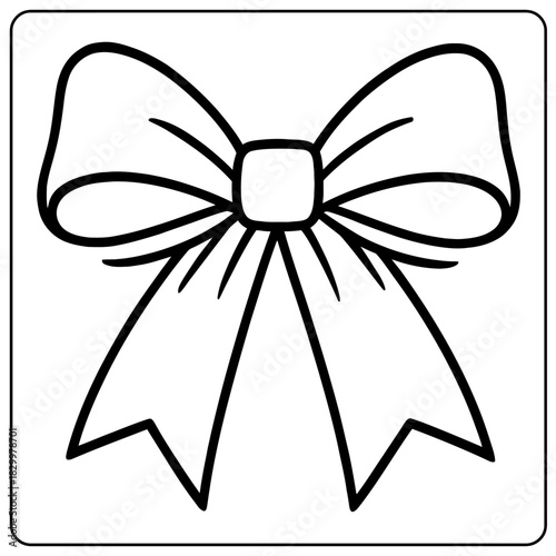 Illustration of a black and white ribbon bow with a square knot on a white background in a square frame