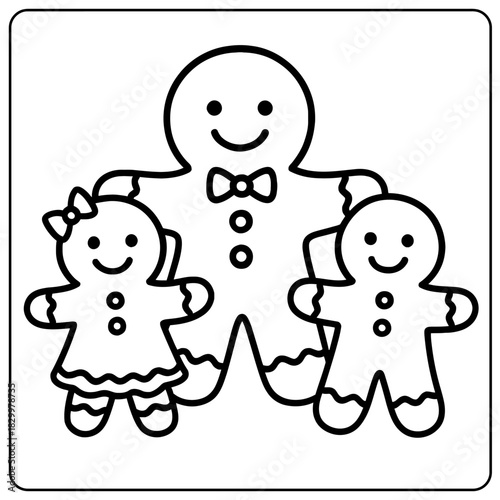 A black and white coloring page of a gingerbread man family with a father mother and child outline