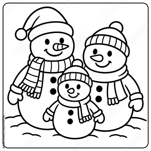 A black and white line drawing of a family of snowmen wearing hats and scarves in a snowy landscape