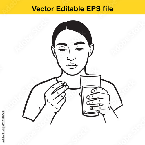 Black and white line art illustration of a woman taking a pill with a glass of water, vector editable eps file