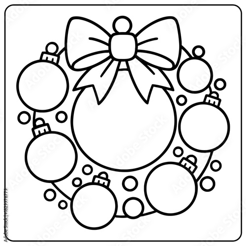 Outline drawing of a christmas wreath with a bow and ornaments in a square border illustration