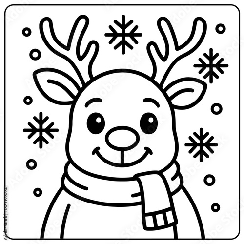 A cartoon reindeer wearing a scarf surrounded by snowflakes in a black and white line drawing style