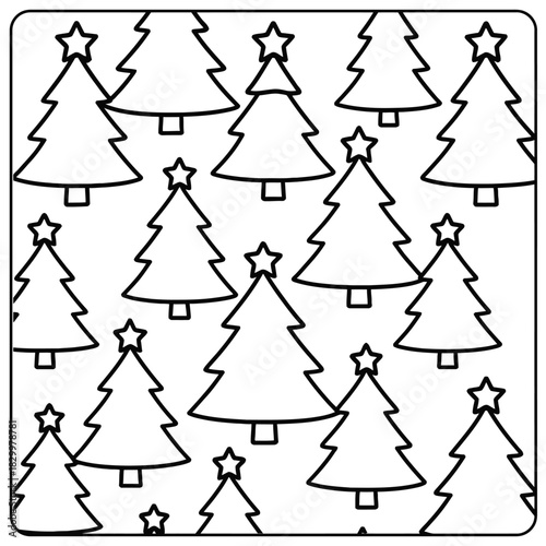 A pattern of christmas trees with stars on top in a square frame black and white outline style design