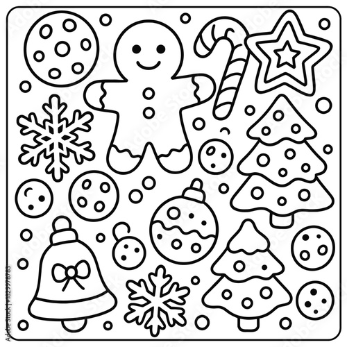Christmas themed coloring page with gingerbread man tree star and other holiday elements outlined