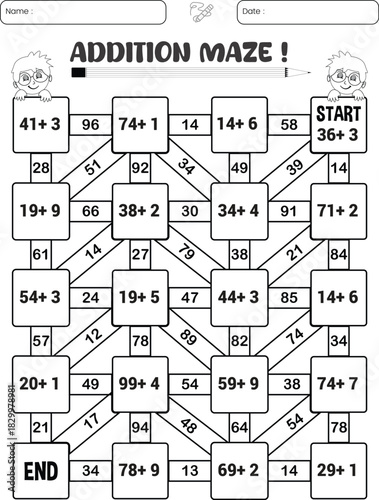 Addition maze puzzle worksheet for children