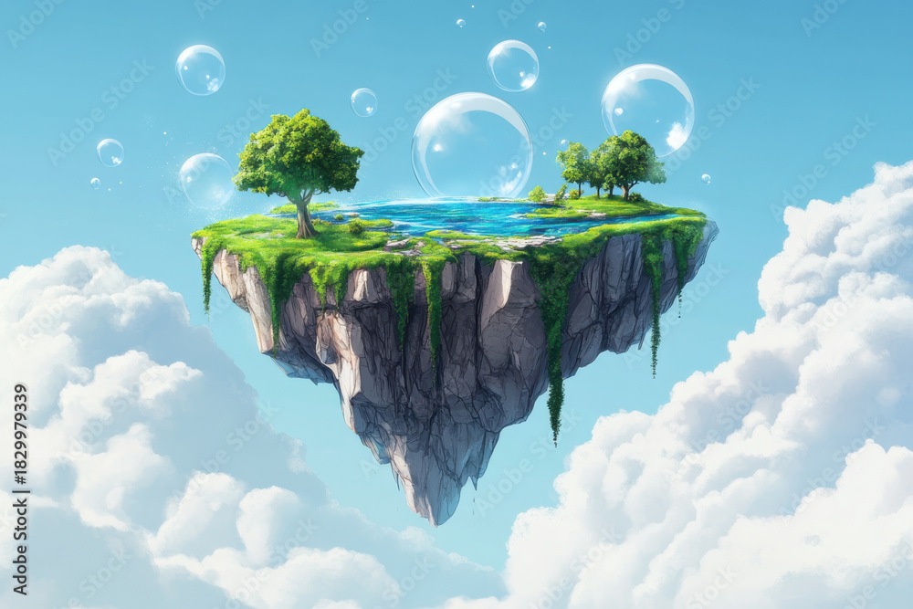 Naklejka premium Lush green floating island with trees and soap bubbles illustrates surreal dreamlike magical fantasy world