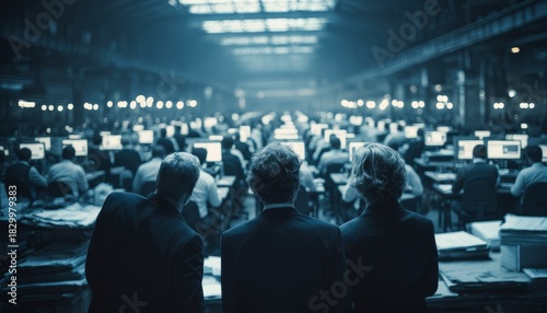 Managers overlooking massive busy open-plan office floor.