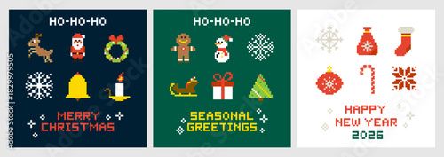 Pixel Merry Christmas Greeting Cards Set. Vector Illustration of 8 Bit Game Winter Ornate Postcards. New Year Typography. Snowflakes, Santa Claus, Snowman Concept.
