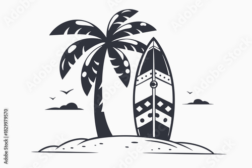 Solitary surfboard rests against a swaying palm tree on a remote sandy island