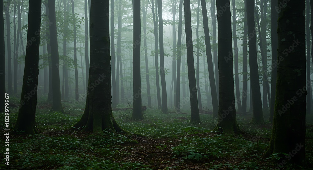 Fototapeta premium Mystical Forest Landscape with Tall Trees and Dense Fog Scenery