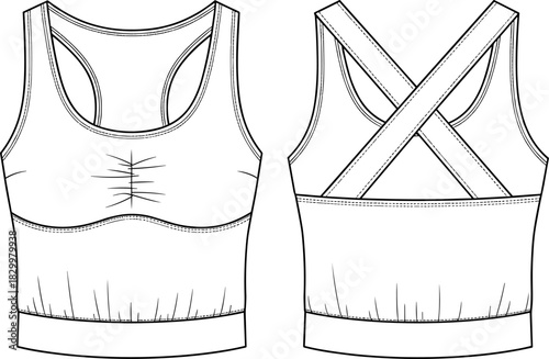 Sports bra vector, fashion flat sketch, scoop neckline, crisscross back strap, gathered bust,Sports bra vector, fashion flat sketch, scoop neckline, crisscross back strap, gathered bust,