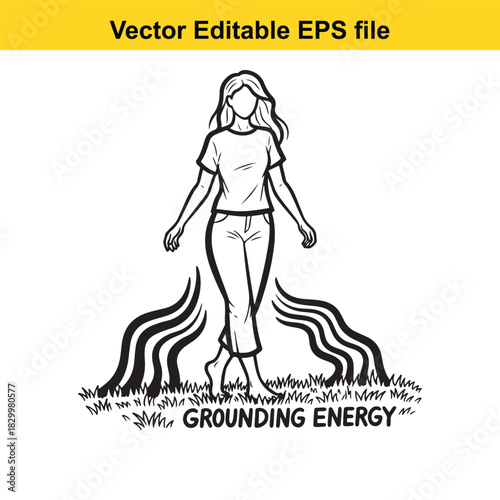 Black and white line art vector illustration of a woman standing barefoot on grass connecting with grounding energy, isolated on white background