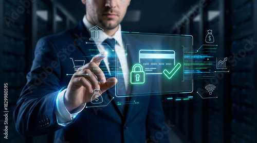 Secure Digital Payment Transaction Technology with Businessman Interaction, Payment Security, Digital Holographic Security 