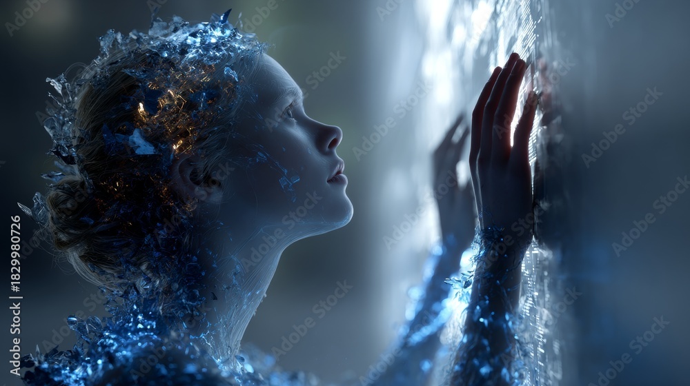 Fototapeta premium Cinematic profile of woman turning into blue crystals.