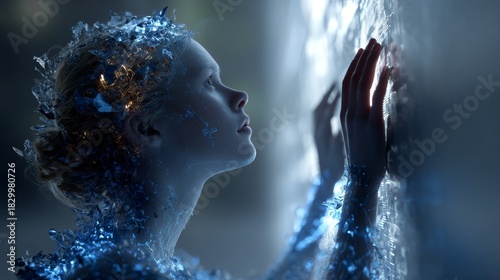 Cinematic profile of woman turning into blue crystals.