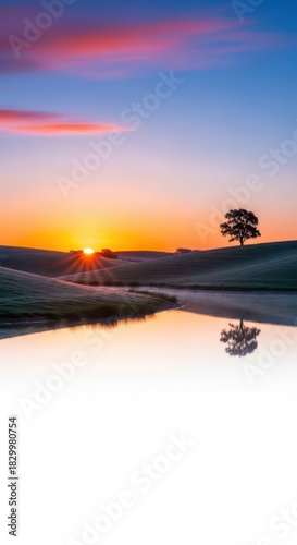 Soft light illuminates a peaceful natural landscape at dawn, symbolizing mindfulness and the appreciation for the invaluable gift of life and existence, quiet, symbolism, holistic