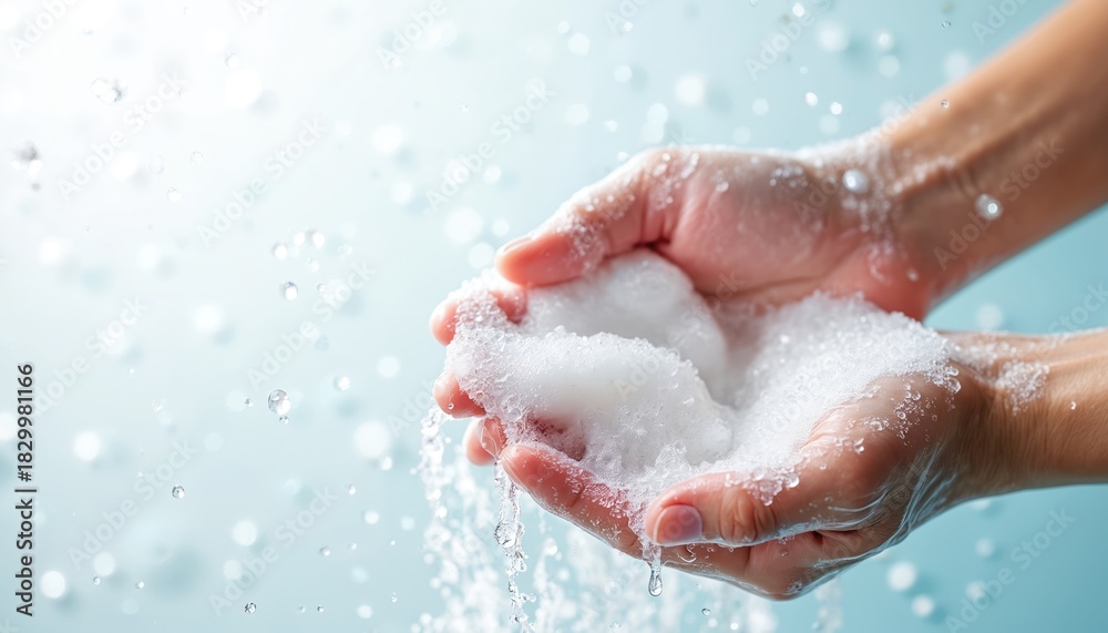 Fototapeta premium Human hands hold white soap foam in open palms. Water splashes, drops fall around clean skin. Personal cleanliness, daily hygiene routine importance. Represents essential self-care, germ prevention,